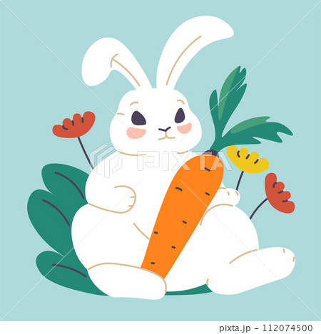 Rabbit with carrot and wildflowers, Easter bunny Rabbit with carrot and wildflowers, Easter bunny 112074500