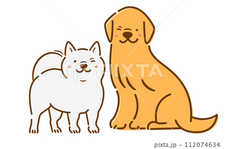 笑顔で笑う2匹の犬のおすわりしているかわいい全身のペット・動物イラスト_白バック 112074634
