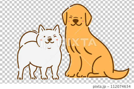 可愛的全身寵物/動物插圖，兩隻微笑和大笑的狗坐著_白色背景 112074634