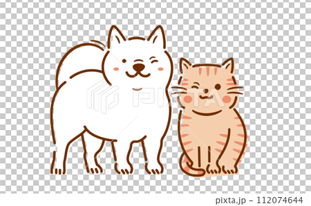 Cute full-body pet illustration of a smiling dog and cat sitting _ white background Cute full-body pet illustration of a smiling dog and cat sitting _ white background 112074644