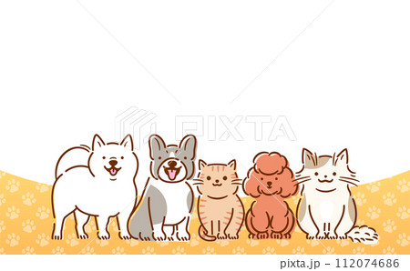 足跡柄の背景と犬猫の見出しタイトルに使えるコピースペースのあるかわいい動物ベクターフレームデザイン 足跡柄の背景と犬猫の見出しタイトルに使えるコピースペースのあるかわいい動物ベクターフレームデザイン 112074686