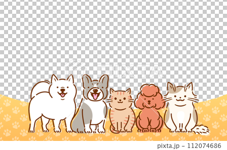 足跡柄の背景と犬猫の見出しタイトルに使えるコピースペースのあるかわいい動物ベクターフレームデザイン 足跡柄の背景と犬猫の見出しタイトルに使えるコピースペースのあるかわいい動物ベクターフレームデザイン 112074686