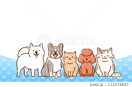 足跡柄の背景と犬猫の見出しタイトルに使えるコピースペースのあるかわいい動物ベクターフレームデザイン 112074687