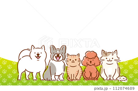 足跡柄の背景と犬猫の見出しタイトルに使えるコピースペースのあるかわいい動物ベクターフレームデザイン 112074689
