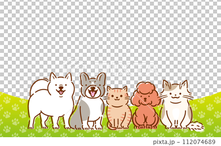 足跡柄の背景と犬猫の見出しタイトルに使えるコピースペースのあるかわいい動物ベクターフレームデザイン 112074689