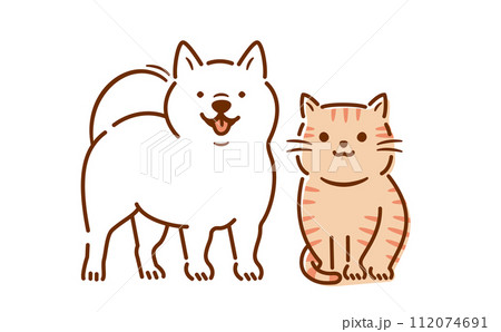 笑顔で笑う犬猫のおすわりしているかわいい全身のペットイラスト_白バック 112074691