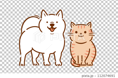 笑顔で笑う犬猫のおすわりしているかわいい全身のペットイラスト_白バック 112074691