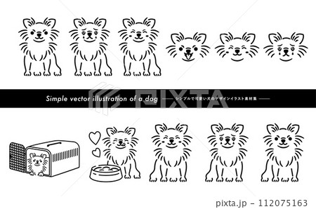 挿絵やアイコン使いもできる手書き感のあるチワワのかわいい犬・ペットイラストセット_モノトーン線画 112075163