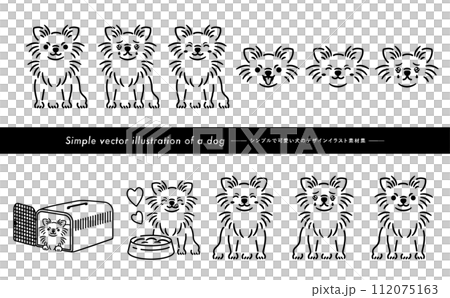 挿絵やアイコン使いもできる手書き感のあるチワワのかわいい犬・ペットイラストセット_モノトーン線画 112075163