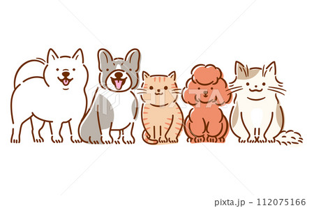 笑顔で笑う犬猫のおすわりしているかわいい全身のペットイラストセット_白バック 112075166