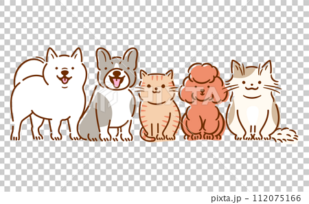 笑顔で笑う犬猫のおすわりしているかわいい全身のペットイラストセット_白バック 112075166