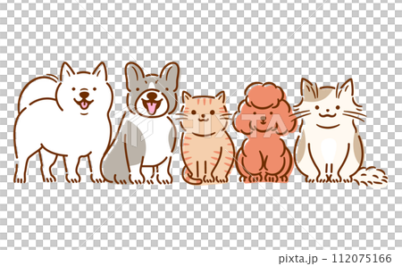 可愛的全身寵物插圖集微笑的狗和貓坐著_白色背景 112075166