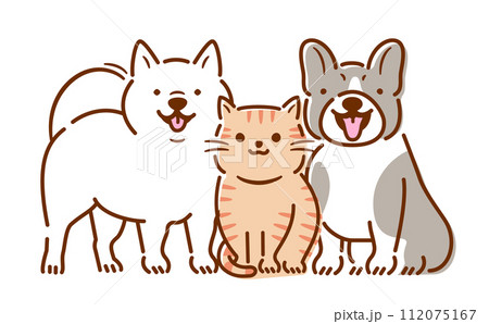 笑顔で笑う犬猫のおすわりしているかわいい全身のペットイラストセット_白バック 笑顔で笑う犬猫のおすわりしているかわいい全身のペットイラストセット_白バック 112075167
