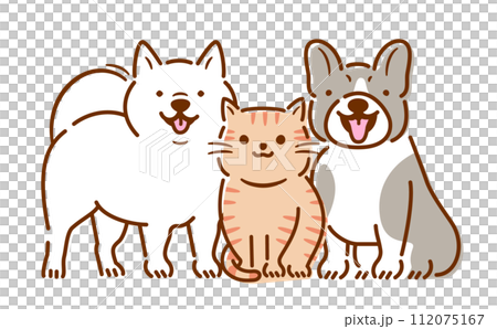 笑顔で笑う犬猫のおすわりしているかわいい全身のペットイラストセット_白バック 笑顔で笑う犬猫のおすわりしているかわいい全身のペットイラストセット_白バック 112075167