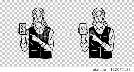 スマホのカスタマーサポートの女性の線画イラスト 112075188
