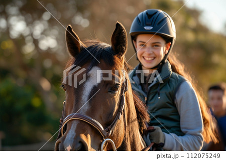 young girl riding horse bokeh style background with generative ai 112075249