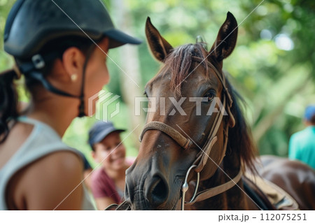 a horse with young girl kid bokeh style background with generative ai 112075251