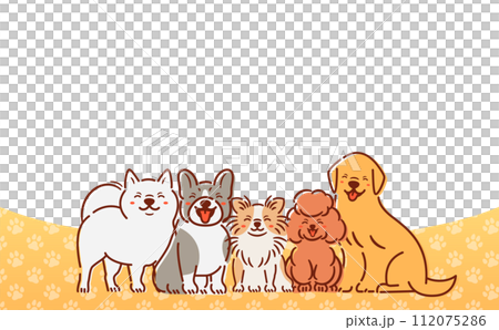 足跡柄の背景と笑顔の犬猫の見出しタイトルに使えるコピースペースのあるかわいい動物ベクターフレーム 112075286