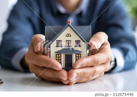 businessman with house model house insurance symbol bokeh style background with generative ai 112075446