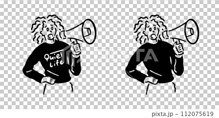 Line drawing illustration of a woman shouting through a bullhorn 112075619
