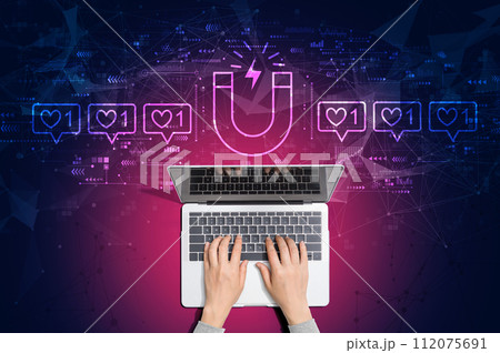 Get more likes concept with person using laptop Get more likes concept with person using laptop 112075691