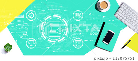 Compliance theme with computer keyboard and office items 112075751