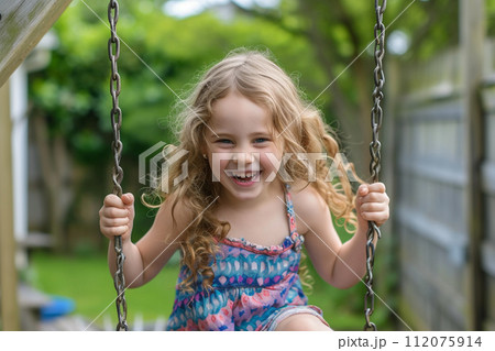 young girl kid sitting on swing bokeh style background with generative ai 112075914