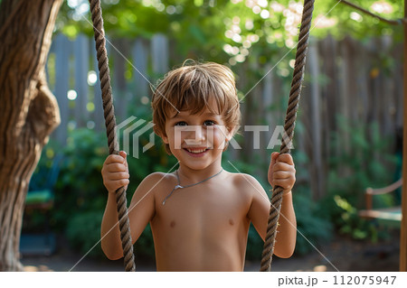 young boy kid sitting on swing bokeh style background with generative ai young boy kid sitting on swing bokeh style background with generative ai 112075947
