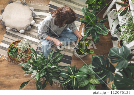 A young woman enjoys caring for flowers. Watering indoor plants and admiring them. A young woman enjoys caring for flowers. Watering indoor plants and admiring them. 112076125