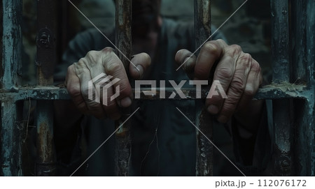 Two men's hands holding prison bars, close-up. Realistic. Two men's hands holding prison bars, close-up. Realistic. 112076172