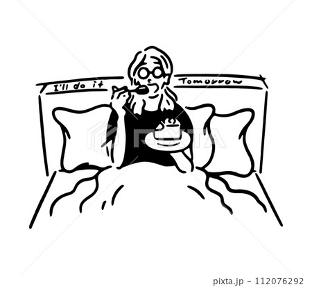 ベッドの上でケーキを食べる女性の線画イラスト ベッドの上でケーキを食べる女性の線画イラスト 112076292