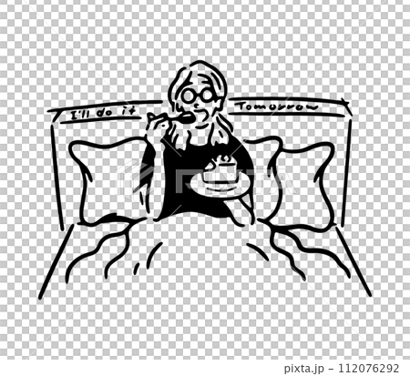 ベッドの上でケーキを食べる女性の線画イラスト ベッドの上でケーキを食べる女性の線画イラスト 112076292