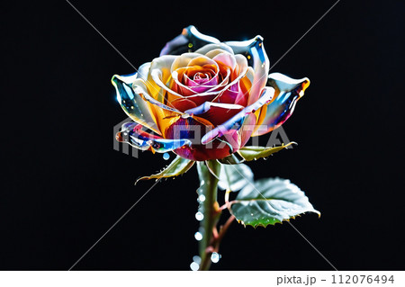 黒背景のガラス細工のようなカラフルなバラのイラスト素材 [112076494