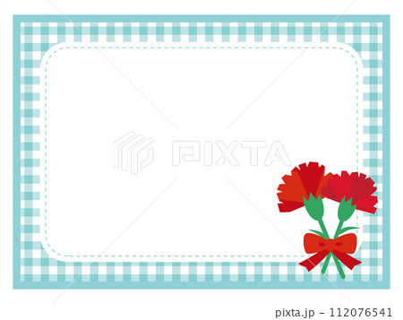 母の日の赤いカーネーションのメッセージカード　水色のチェック柄のフレーム 112076541