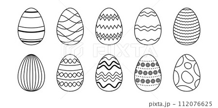 Black and white Easter eggs set. Spring linear egg icon collection with different ornaments. Doodle style Easter illustration bundle for banner, poster, card, invitation, print, sticker. Vector pack 112076625