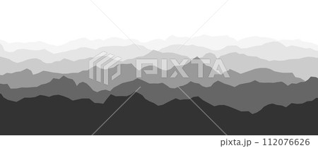 Black and white mountain range silhouettes. Gray panoramic landscape view. Mountain ridges and hills background. Grey shade mount peaks with mist and fog. Vector scenery terrain illustration 112076626