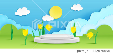 Product podium on paper cut spring background Product podium on paper cut spring background 112076656