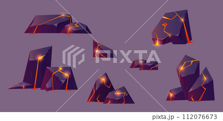 Rocks with cracks and liquid flowing lava. 112076673