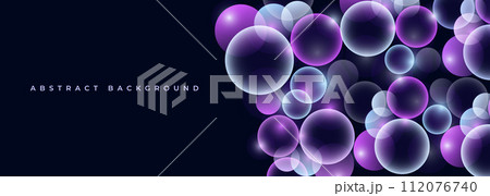 Black dynamic abstract background with 3D purple circles. Wide horizontal banner with liquid violet bubble shapes. 112076740