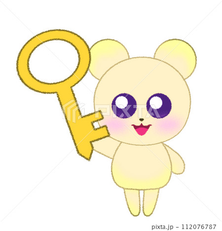手をあげて鍵を持つクマのクレヨンイラスト 112076787