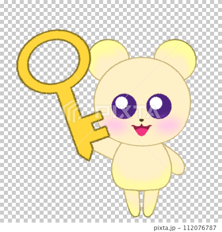 手をあげて鍵を持つクマのクレヨンイラスト 112076787