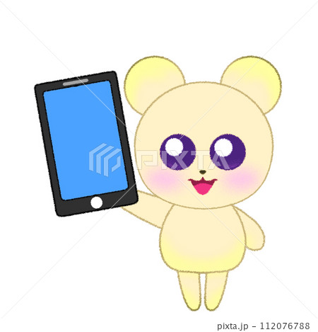 手をあげてスマホを持つクマのクレヨンイラスト 112076788