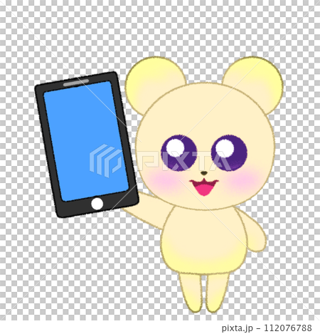 手をあげてスマホを持つクマのクレヨンイラスト 112076788