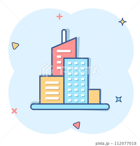 Building icon in comic style. Town skyscraper apartment cartoon vector illustration on white isolated background. City tower splash effect business concept. Building icon in comic style. Town skyscraper apartment cartoon vector illustration on white isolated background. City tower splash effect business concept. 112077018