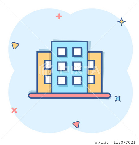 Building icon in comic style. Town skyscraper apartment cartoon vector illustration on white isolated background. City tower splash effect business concept. Building icon in comic style. Town skyscraper apartment cartoon vector illustration on white isolated background. City tower splash effect business concept. 112077021