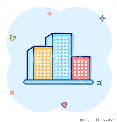 Building icon in comic style. Town skyscraper apartment cartoon vector illustration on white isolated background. City tower splash effect business concept. Building icon in comic style. Town skyscraper apartment cartoon vector illustration on white isolated background. City tower splash effect business concept. 112077037