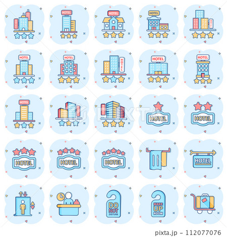 Hotel icon set in comic style. Booking cartoon vector illustration on white isolated background. Vacation reservation splash effect business concept. Hotel icon set in comic style. Booking cartoon vector illustration on white isolated background. Vacation reservation splash effect business concept. 112077076