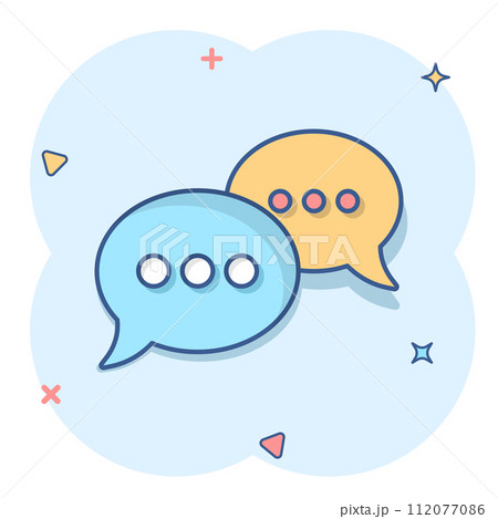 Speak chat sign icon in comic style. Speech bubbles cartoon vector illustration on white isolated background. Team discussion button splash effect business concept. Speak chat sign icon in comic style. Speech bubbles cartoon vector illustration on white isolated background. Team discussion button splash effect business concept. 112077086