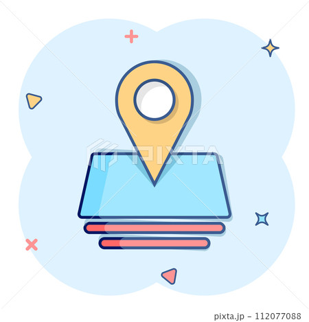 Map pin icon in comic style. Gps navigation cartoon vector illustration on white isolated background. Locate position splash effect business concept. 112077088