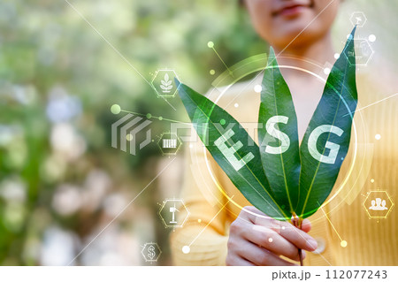 Environment, society and governance. Green leaf in human hand with ESG icons. Responsible investment concept. 112077243